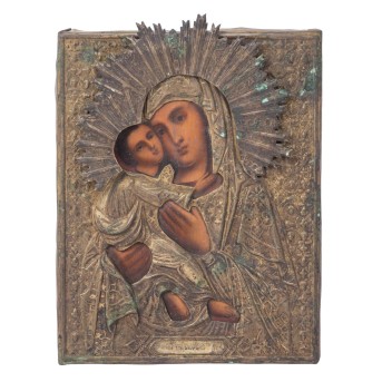 IKONE "Gottesmutter Feodorowskaja" mit Oklad, SÜDOSTEUROPA 19. Jh.,