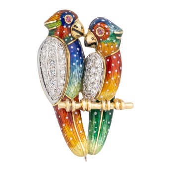 WEMPE &quot;Parrots&quot; brooch with 2 rubies,