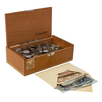 Small wooden box with various small coins from the 19th and 20th centuries. Total weight 4.7 kg.