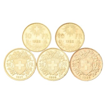 Schweiz/GOLD - 20 Franken und 10 Franken Vreneli. 5 Stück.