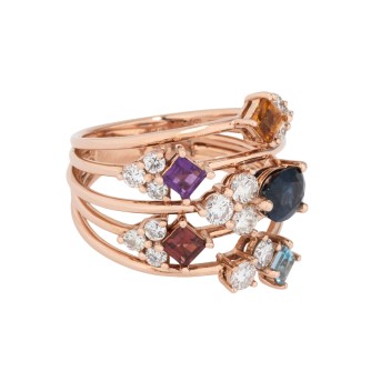 Ring mit 5 Farbsteinen und 15 Brillanten zus. ca. 0,75 ct,