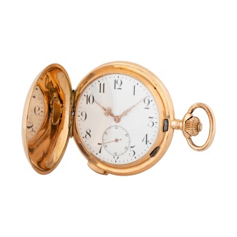 Goldene Savonette Taschenuhr mit Virtelstunden-Repetitionsschlagwerk aus 1896.