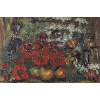NOLDE (painter, 20th century), &quot;Still life with summer flowers, fruits and carafe&quot;,
