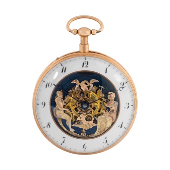Taschenuhr mit Figurenautomat und 1/4 Repetition in 18K Mitte 19. Jhdt.