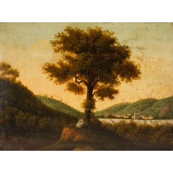 PAINTER/IN 18th/19th century, &quot;Sinnende junge Frau unter einem Baum in Flusslandschaft&quot;, early 19th century,