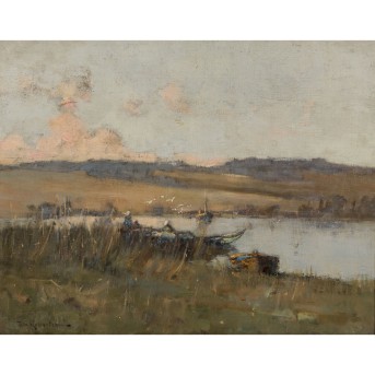 ROBERTSON, TOM (also Thomas, 1850-1947), &quot;Fishing boats on the shore of a lake&quot;,