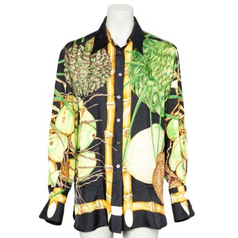 HERMÈS VINTAGE silk shirt "JARDIN CRÉOLE", size approx. M.