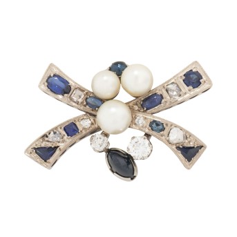 Brooch with pearls, sapphires and diamonds totaling ca. 1 ct,