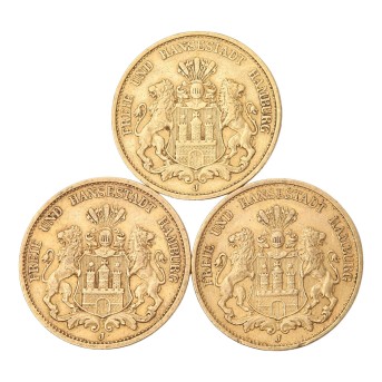 German Empire Hamburg/GOLD - 20 Mark 1878, 1884, 1897. 3 pieces.