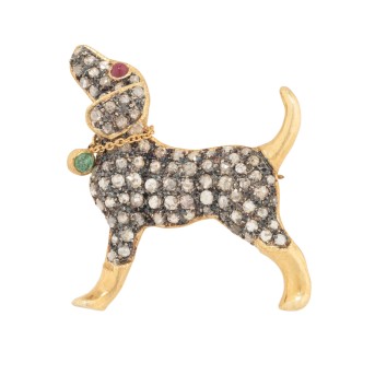 Brosche/Anhänger "Hund" mit Diamanten,