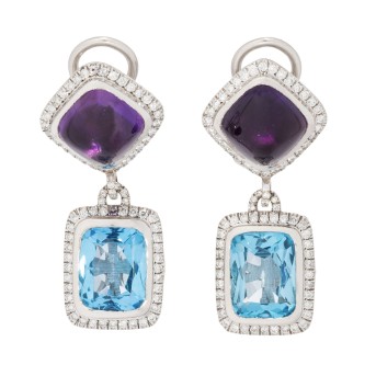 Earrings with amethysts, blue topaz 