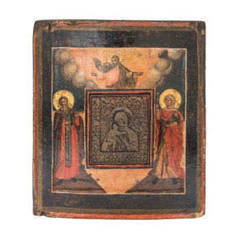 ICON with bronze relief &quot;Mother of God of Vladimir&quot;, RUSSIA 19th century,