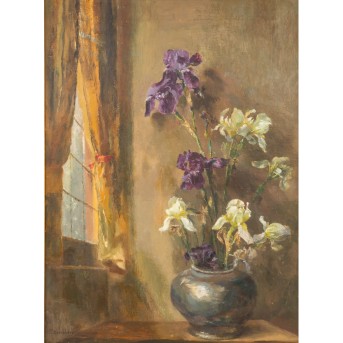 BENEDICTER, ALOIS JOSEF (1843-1931), &quot;Still life with iris in vase at the window&quot;,