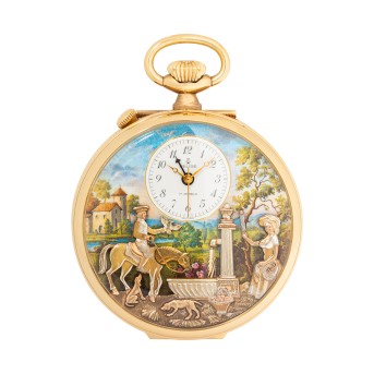 REUGE MUSIC open pocket watch with alarm function, musical movement and figurine automaton, guarantee certificate 1991.