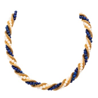 Corded necklace with lapis lazuli beads,
