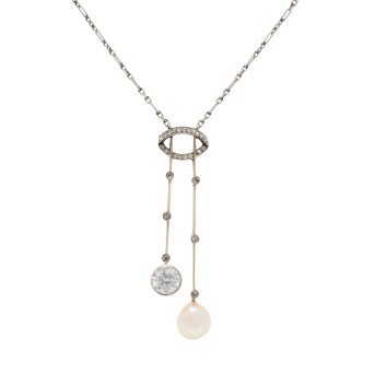 Jugendstil Collier mit Perle, Zirkon und Diamantrosen,