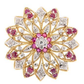 Brooch with rubies and diamonds totaling ca. 1 ct,
