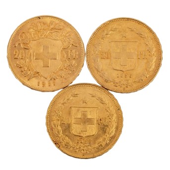 Schweiz/GOLDlot 3x 20 Franken insg. 17,4g Au fein,