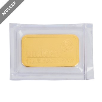 UMICORE GOLDbarren – 50 g GOLD fein, Goldbarren geprägt, Hersteller umicore,