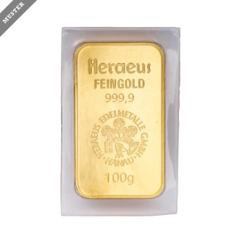 HERAEUS GOLDbarren – 100 g GOLD fein, Goldbarren geprägt, Hersteller Heraeus,