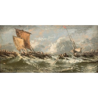DECOSTER, J. (auch de Coster, Maler 19./20. Jh.), "Segel- und Ruderboote in stürmischer See",