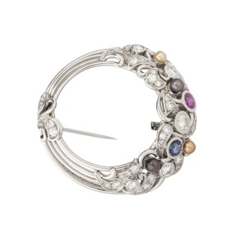 Wreath brooch with ruby, sapphire, pearls and diamonds