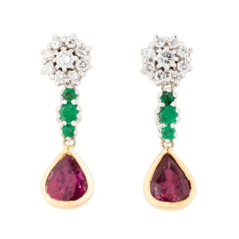 Paar Ohrhänger mit Rubinen und Smaragden