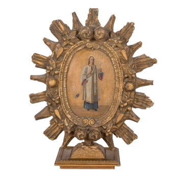 RARE DOUBLE-SIDED PROCESSIONAL ICON WITH RADIATING WREATH FRAME