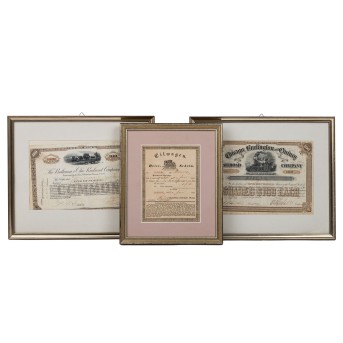 3tlg. Konvolut Aktien und Reiseschein, 19. Jh.,