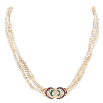 3-row pearl necklace with ruby emerald diamond clasp,