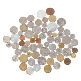 Small collection of coins from all over the world, including a few silver pieces. Approx. 65 pieces.