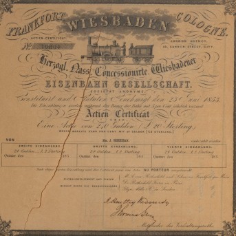 Aktien Zertifikat Herzogl. Nass. Concessionirte Wiesbadener Eisenbahn Gesellschaft, 1853,