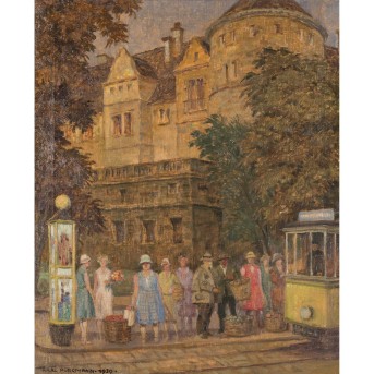 PURRMANN, KARL (1877-1966), "Stuttgart, die Straßenbahnhaltestelle am Alten Schloss", 1929,