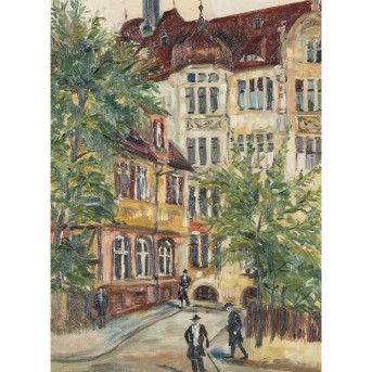 PAINTER/IN 19th/20th century, "Street scene with Art Nouveau house, probably in Stuttgart", 1929,