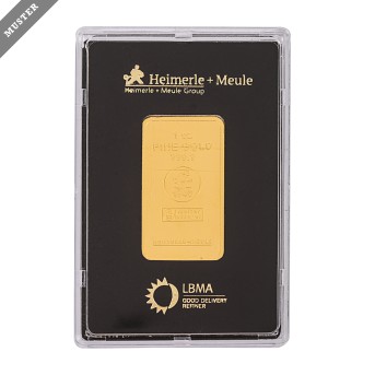 Gold bar - 1 oz GOLD fine, minted gold bar, make Heimerle+Meule,