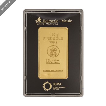 Gold bar - 100g GOLD fine, cast gold bar, manufactured by Heimerle+Meule,