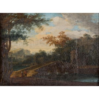 MALER/IN 17./18. Jh., "Ideallandschaft mit Brücke über den Fluss und Blick auf Palastarchitektur",
