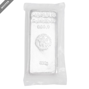 SILBERbarren – 500 g SILBER fein, Silberbarren gegossen, Hersteller Heraeus, 