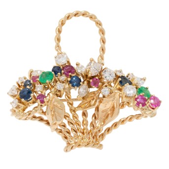 Brosche „Blumenkorb“, mit 18 Diamanten,