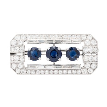 Brosche mit 3 feinen Saphiren und Diamanten