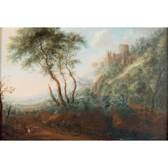 MALER/IN 18. Jh., "Landschaft mit Ruinen und Blick in weites Tal",