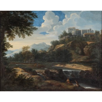 MALER/IN 17./18. Jh., "Ideallandschaft mit Tempel und Schlossanlage auf dem Berg",