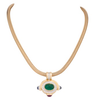 Collier mit 1 feinen Smaragd-Cabochon 3,85 ct. , Rubin 1,24 ct., Saphire 0,75 ct.