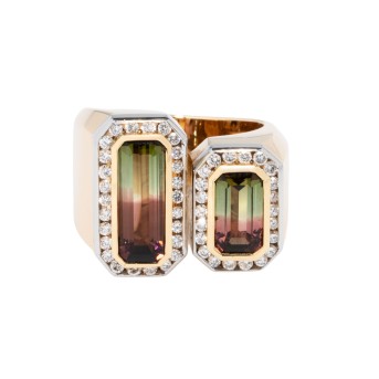 Besonderer Ring mit 2 Bicolor Turmalinen 3,67 ct. im Baguette-Schliff und Brillanten