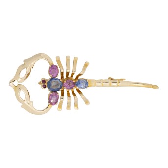 Brosche/Anhänger 'Skorpion' mit 2 blaue, 3 pinke Saphiren