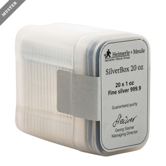 SILBERbarren – SilverBox zu 20 x 1 Unze SILBER fein, geprägte Silberbarren, Hersteller Heimerle + Meule,