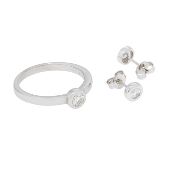 Set aus Ring mit Brillant und Paar Ohrsteckern mit 2 Brillanten,