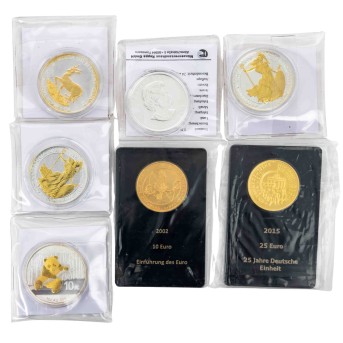 Alle Welt/Silberkonvolut 7 Münzen mit Goldbeschichtung zu insg. ca. 190g Ag fein