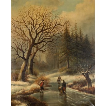 THOMAS, M. (1919), 'Verschneite Landschaft mit Personen auf gefrorenem Fluss',