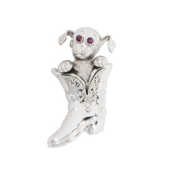 Brosche 'Hund' mit Rubinaugen und Diamanten